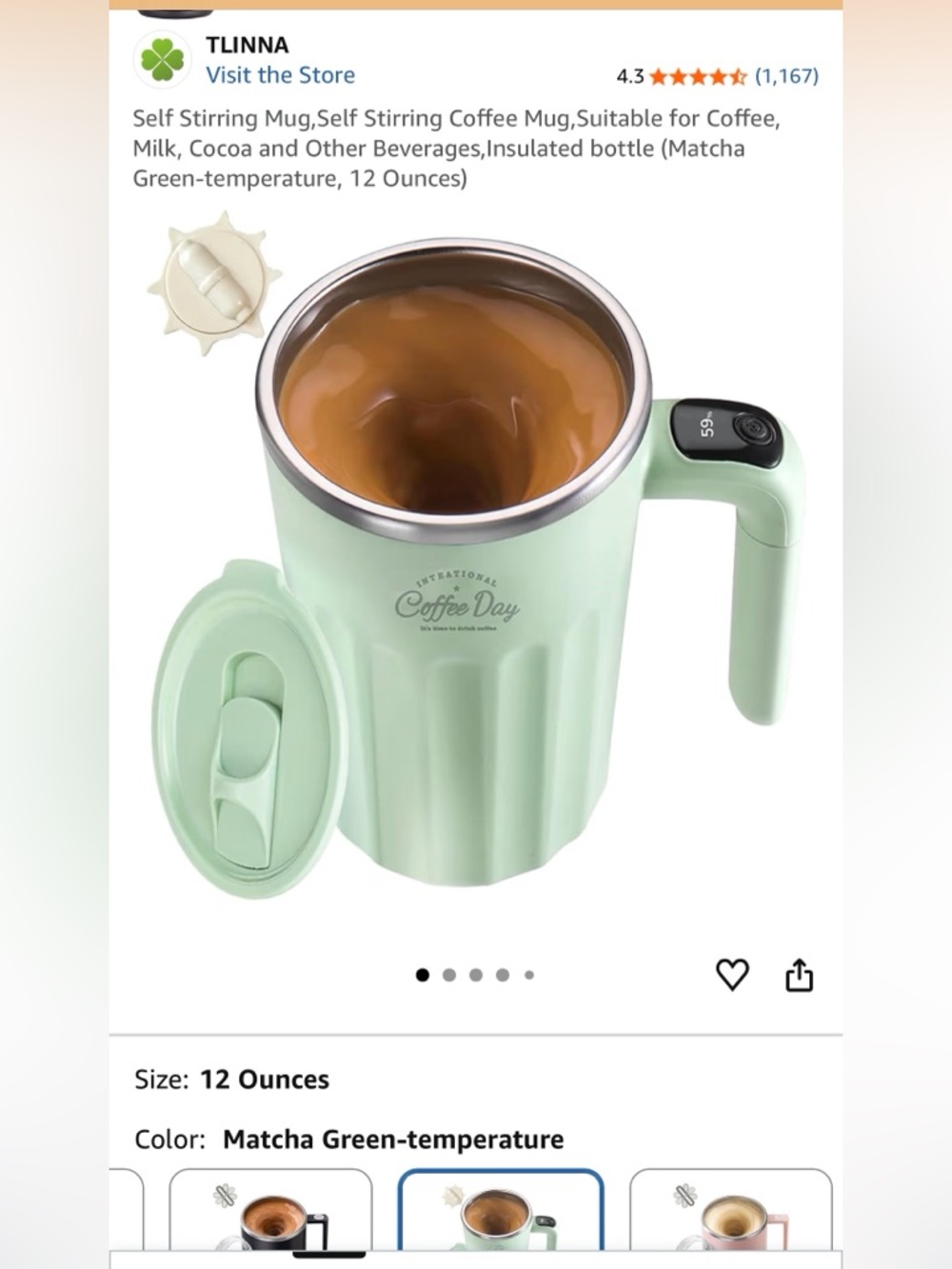 Self-stirring hot beverage mug. 12oz. Mint green.